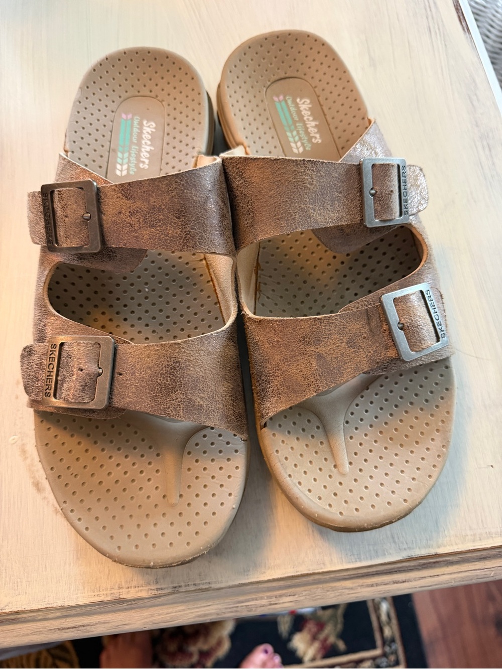Skechers Women's Distressed Tan Double-Buckle Slide Sandals